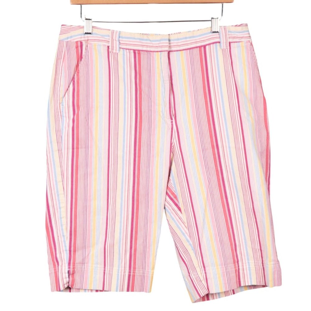 Kim Rogers Striped Bermuda Shorts 14 Womens Pink Yellow Blue Cotton Summer Beach